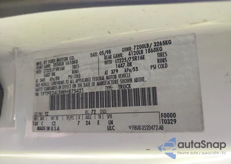 1998 Ford E-250 Commercial/Recreational z USA, uszkodzony, nr VIN 1FTPE24L5WHB75421